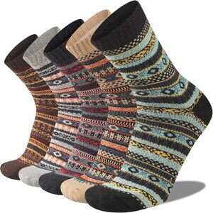 5 Pairs Wool Socks Mens Warm Winter Thermal Thick Pattern Crew Socks for Cold We